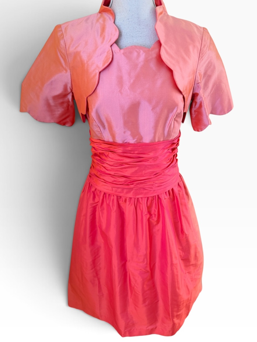 Marisa Baratelli Coral Pink Silk Ruched Fit & Flare Dress with Scalloped Bolero
